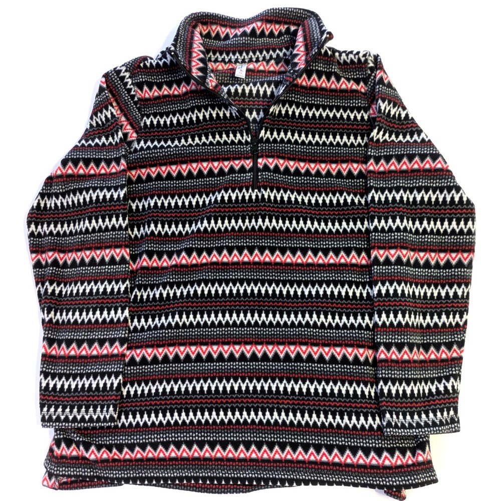 Exertek Woman Fleece Pullover 1X Quarter Zip ZigZag Fair Isle Black Red White